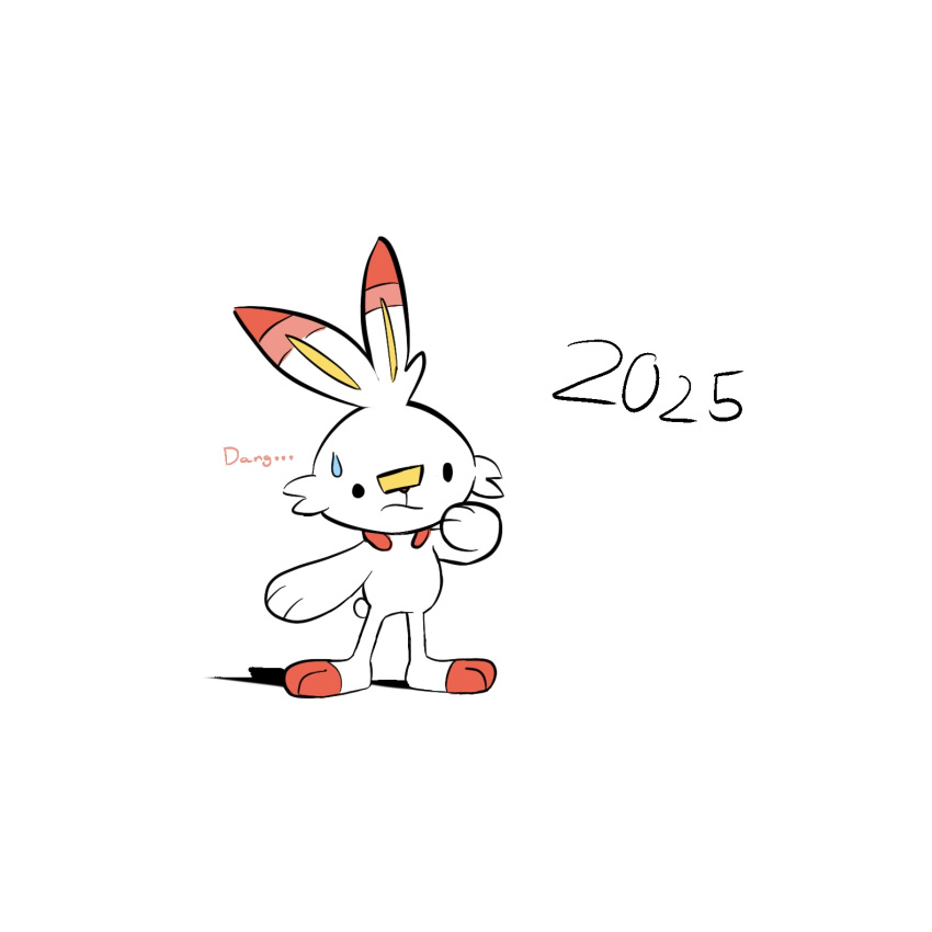 ._. 1other 2025 animal_ears animal_feet animal_hands animal_nose bandaid bandaid_on_face bandaid_on_nose black_eyes blank_eyes body_fur closed_mouth commentary dated english_commentary english_text flat_color full_body furry hand_to_own_mouth hand_up highres j.jama looking_afar other_focus pokemon pokemon_(creature) rabbit_ears rabbit_tail red_fur scorbunny short_tail simple_background solo standing sweatdrop tail two-tone_fur white_background white_fur