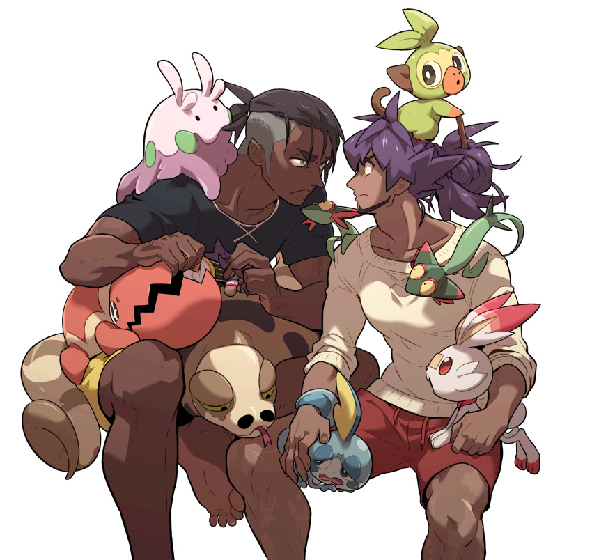 2boys alternate_costume bangs black_hair black_shirt closed_mouth commentary dark-skinned_male dark_skin doll dreepy earrings eye_contact facial_hair frown goomy grookey highres holding holding_doll jewelry knees leon_(pokemon) looking_at_another male_focus multiple_boys on_head pokemon pokemon_(creature) pokemon_(game) pokemon_on_head pokemon_swsh purple_hair raihan_(pokemon) red_shorts redlhzz scorbunny shirt short_hair short_sleeves shorts silicobra sobble sweater t-shirt trapinch undercut