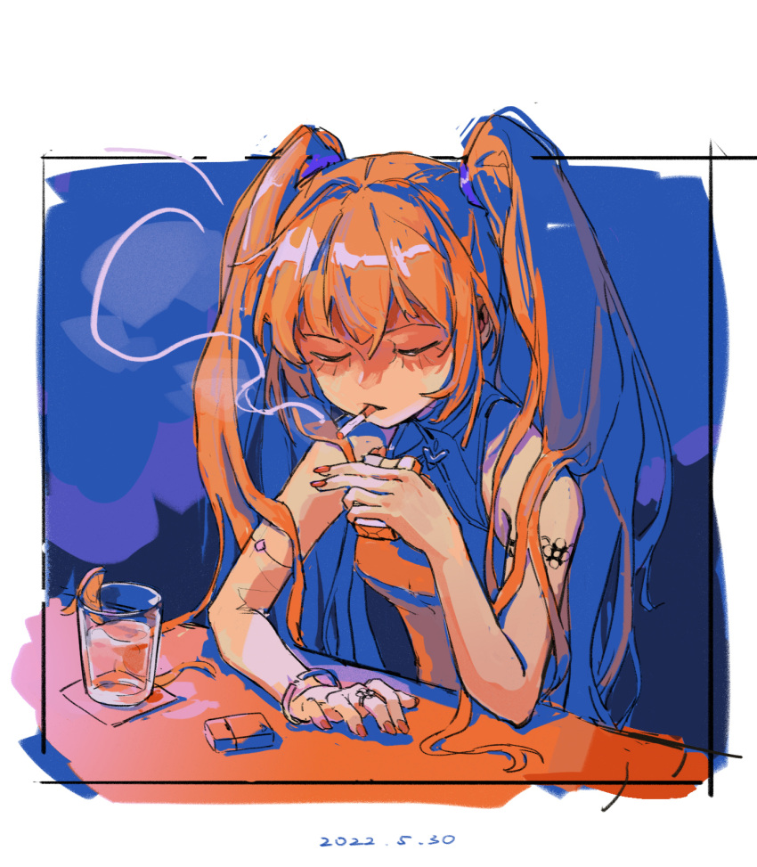 1girl arm_tattoo bare_shoulders bracelet cigarette cigarette_pack closed_eyes closed_mouth cup dated drinking_glass facing_viewer fingernails hatsune_miku highres holding holding_cigarette jewelry lighter long_hair mouth_hold nail_polish nekohara_peninsula orange_hair orange_nails orange_theme smoke smoking solo tattoo twintails vocaloid