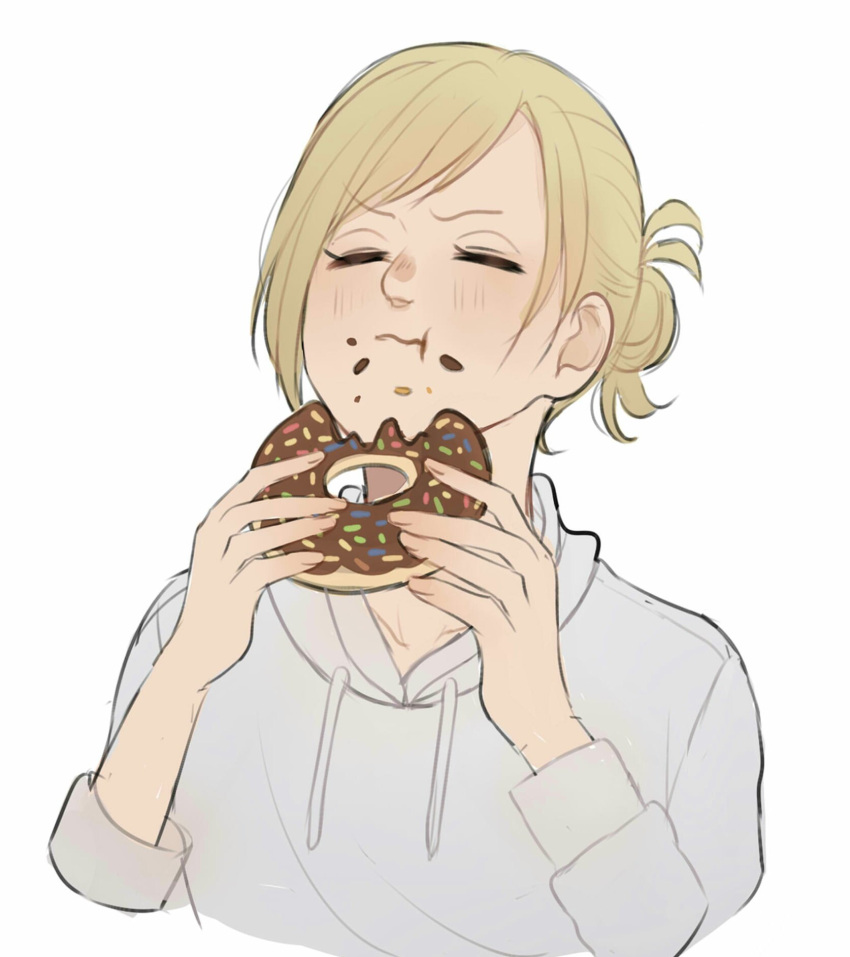 1girl annie_leonhardt bangs blonde_hair blue_eyes blush casual cropped_torso doughnut eating food food_on_face hair_bun half_updo highres holding holding_food hood hood_down hoodie lida_(lidalida04) parted_bangs shingeki_no_kyojin short_hair solo white_hoodie