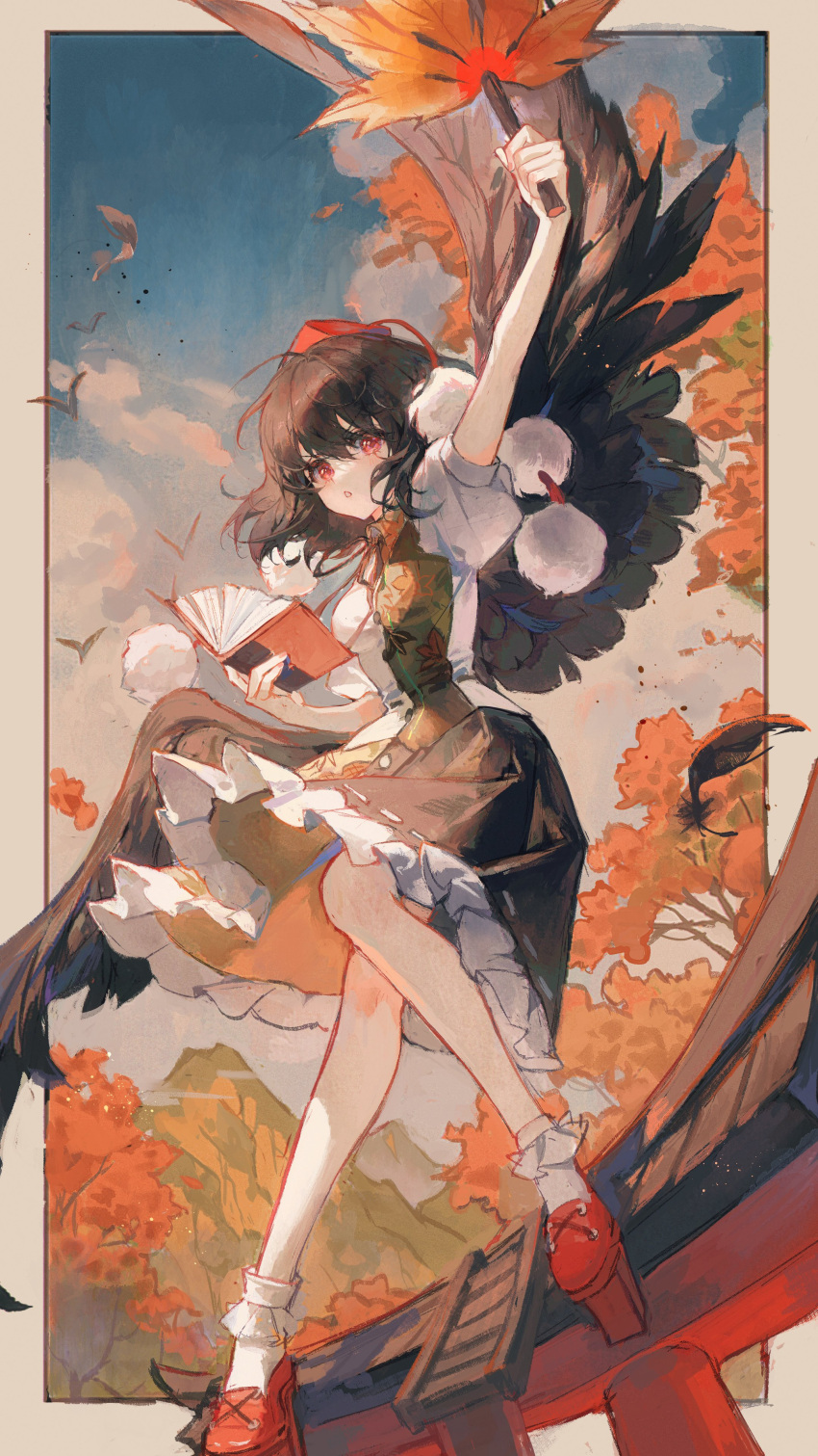 1girl :o absurdres autumn_leaves bird black_hair black_wings book falling_feathers feathered_wings geta hand_fan hat highres holding holding_book holding_fan looking_at_viewer maccha_(mochancc) mountain outstretched_arm pom_pom_(clothes) puffy_short_sleeves puffy_sleeves red_eyes red_footwear shameimaru_aya short_sleeves solo tengu-geta tokin_hat touhou two-tone_dress wings