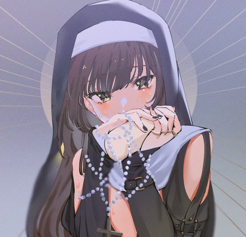 1girl bangs black_dress blunt_bangs breasts brown_hair cross cross_necklace dress habit highres jewelry long_hair looking_at_viewer mamaloni_(character) necklace nun original robe rosary set7 solo veil yellow_eyes