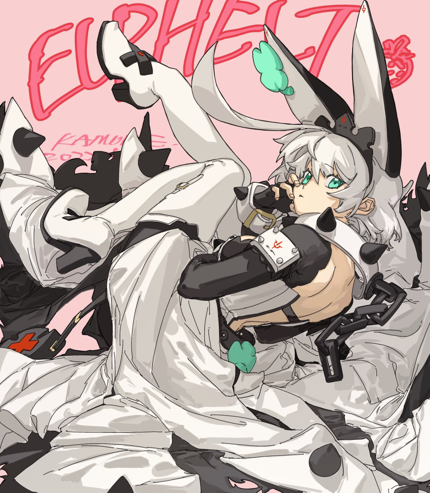 1girl amatuki animal_ears artist_name back chain character_name clover collar dated elphelt_valentine fake_animal_ears food four-leaf_clover from_behind fruit green_eyes grey_hair guilty_gear guilty_gear_xrd hair_between_eyes hand_on_own_face high_heels highres looking_at_viewer looking_back lying on_side pink_background rabbit_ears simple_background solo spiked_collar spikes strawberry tiara