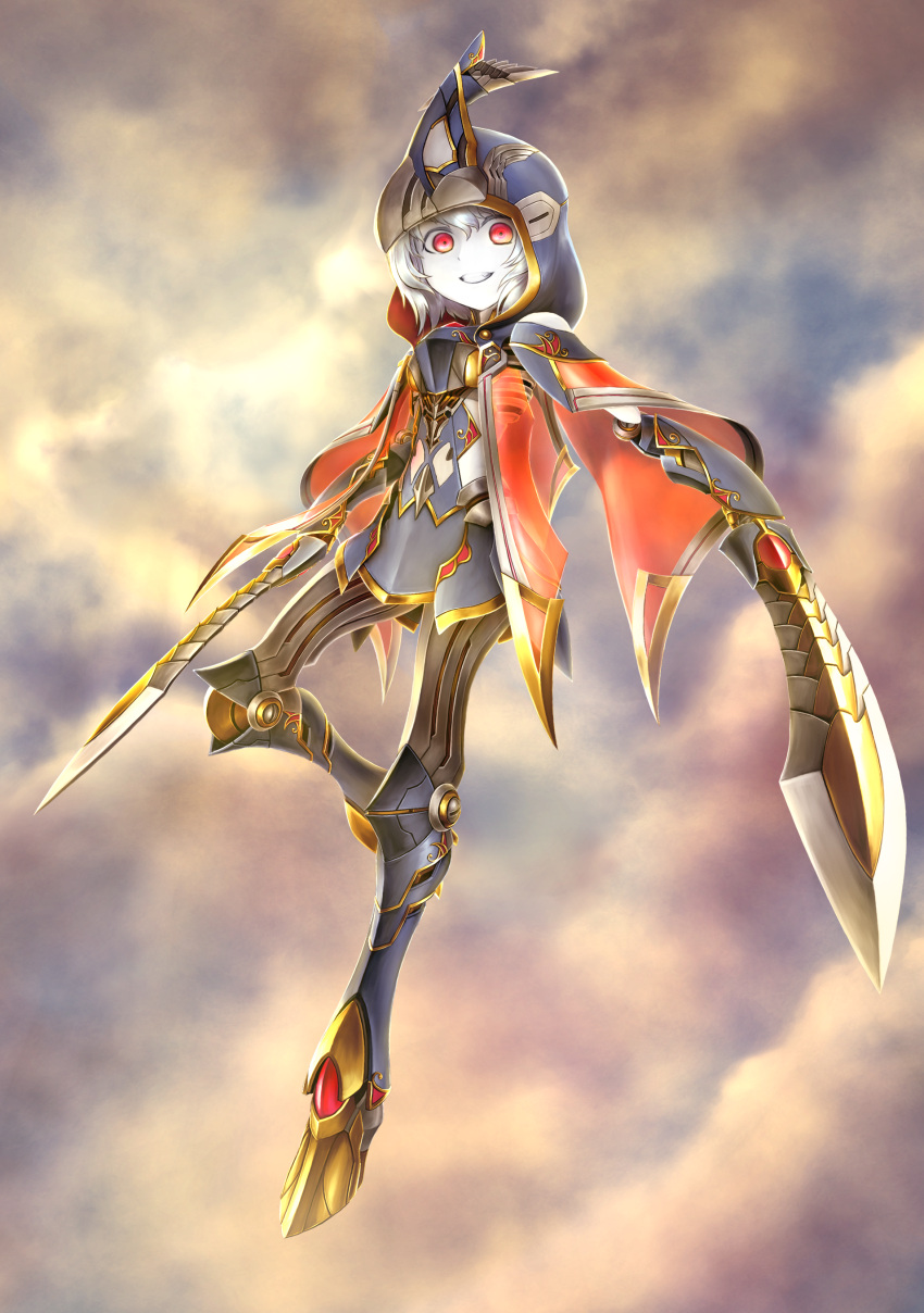 1girl absurdres android cloak colored_skin dual_wielding english_commentary fantasy full_body grin highres holding holding_sword holding_weapon hood hood_up hooded_cloak joints looking_at_viewer me_ganchyo mixed-language_commentary original red_eyes robot_joints short_hair smile solo sword valkyrie weapon white_hair white_skin