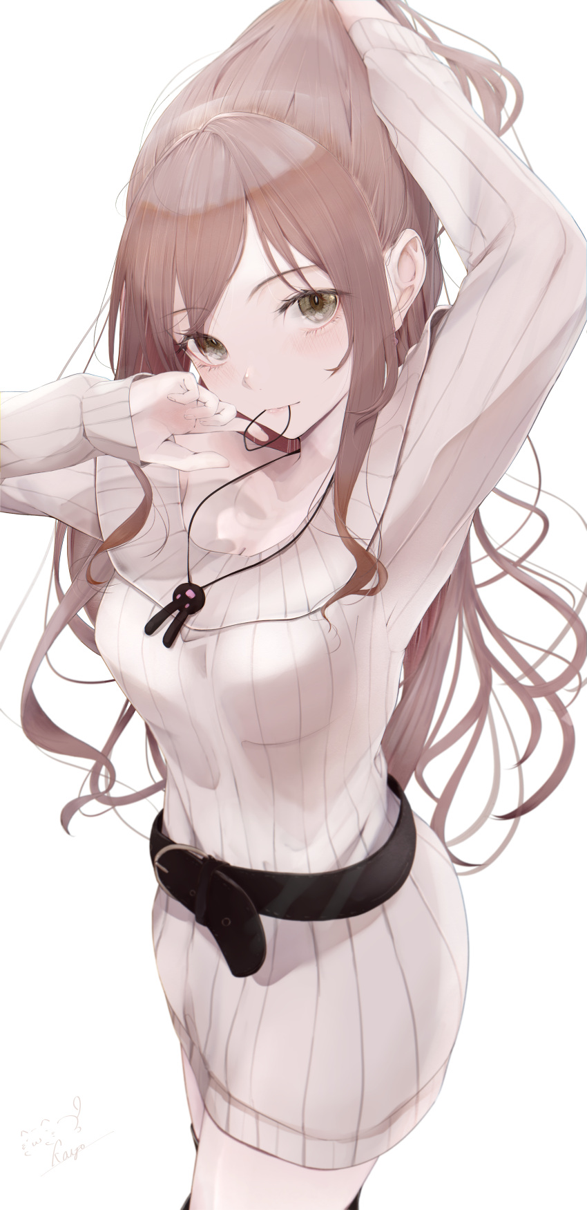 1girl absurdres arm_up bang_dream! bangs belt black_belt brown_hair cowboy_shot dress green_eyes hair_tie_in_mouth hand_in_own_hair highres holding holding_hair imai_lisa jewelry kisaragi_yaya long_hair long_sleeves looking_at_viewer mouth_hold necklace sidelocks signature simple_background sleeves_past_wrists smile solo striped striped_dress sweater sweater_dress swept_bangs thigh-highs tying_hair white_background