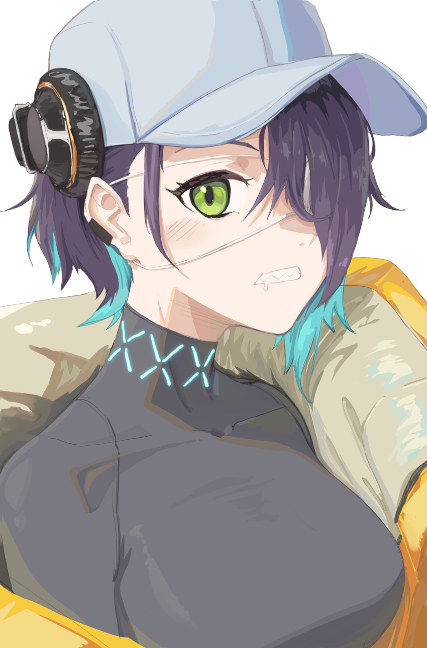 1girl absurdres arknights asbestos_(arknights) baseball_cap black_hair black_shirt blue_hair blush breasts clenched_teeth coat covered_collarbone eyepatch green_eyes grey_headwear hair_over_one_eye hat headphones highres large_breasts looking_at_viewer medical_eyepatch multicolored_hair neon_trim one_eye_covered open_clothes open_coat parted_lips radioneet saliva shirt short_hair simple_background solo taut_clothes taut_shirt teeth two-tone_hair upper_body white_background yellow_coat