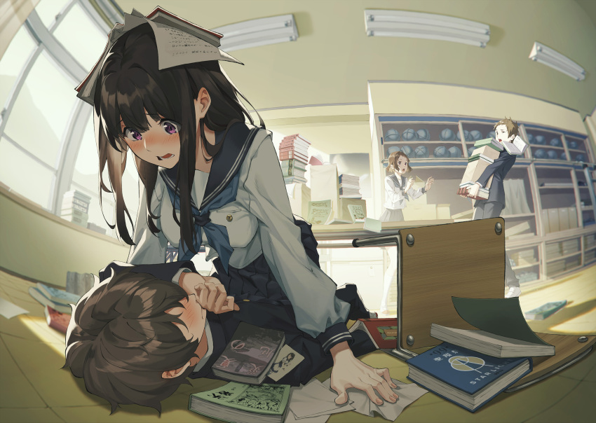 2boys 2girls absurdres accident black_hair blue_skirt blush book brown_hair carrying chair cheese_kang chitanda_eru classroom clumsy curtains day desk embarrassed fallen_down fingernails fisheye fukube_satoshi gakuran hair_over_eyes highres hyouka ibara_mayaka indoors long_hair looking_at_another lying multiple_boys multiple_girls on_back oreki_houtarou paper school_uniform serafuku shelf skirt tripped window