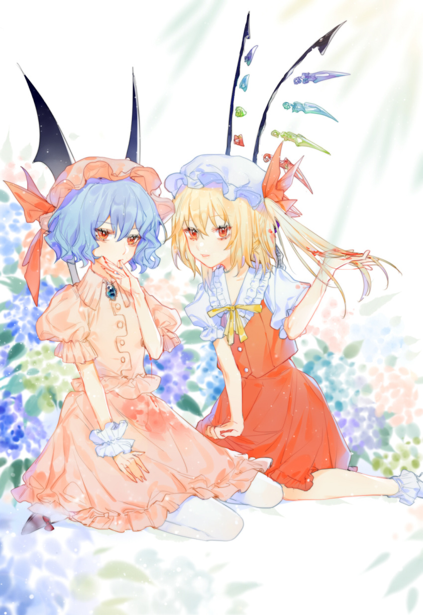 2girls bat_wings black_footwear blood blood_in_hair blood_on_hands blue_hair blush brooch buttons collared_shirt commentary crystal finger_in_own_mouth flandre_scarlet frilled_shirt_collar frilled_skirt frilled_sleeves frills hair_between_eyes hat hat_ribbon highres jewelry long_hair looking_at_viewer mob_cap multiple_girls one_side_up pantyhose parted_lips pink_headwear pink_shirt pink_skirt puffy_short_sleeves puffy_sleeves red_eyes red_ribbon red_skirt red_vest remilia_scarlet ribbon shirt shoes short_sleeves siblings sisters sitting skirt tian_(my_dear) touhou vest white_headwear white_legwear white_shirt wings wrist_cuffs yellow_ribbon