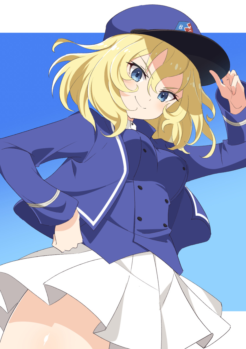 1girl bc_freedom_military_uniform blonde_hair blue_eyes blush breasts closed_mouth girls_und_panzer highres kamuraaa_615 large_breasts looking_at_viewer medium_hair oshida_(girls_und_panzer) pleated_skirt skirt smile solo white_skirt