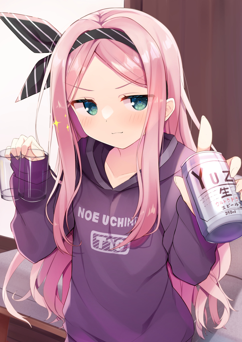 &gt;:) 1girl absurdres bangs bed beer_can black_hairband black_hoodie black_ribbon blush can closed_mouth copyright_request cup drawstring drinking_glass forehead green_eyes hair_ribbon hairband hands_up highres holding holding_can holding_cup hood hood_down hoodie indoors long_hair parted_bangs pink_hair ribbon segaxtu sleeves_past_wrists smile solo v-shaped_eyebrows very_long_hair wooden_floor