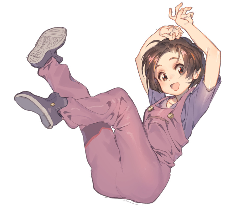 1girl amazake_arika blue_shirt brown_eyes brown_hair buttons collarbone commentary_request hands_up highres knees_up looking_at_viewer medarot open_mouth overalls pink_overalls shirt shoes short_hair short_sleeves sitting smile solo tanakalma