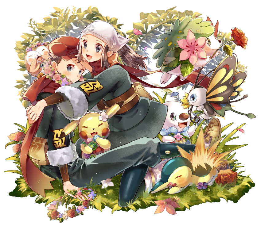 1boy 1girl :d akari_(pokemon) beautifly blush brown_shirt cha_0909 closed_mouth commentary_request cyndaquil eyelashes flower frown grass grey_eyes hat head_scarf highres holding jacket logo open_mouth oshawott pants pantyhose pikachu pokemon pokemon_(creature) pokemon_(game) pokemon_legends:_arceus ponytail red_flower red_headwear red_scarf rei_(pokemon) rowlet scarf shaymin shaymin_(land) shirt sidelocks skirt smile tongue white_headwear