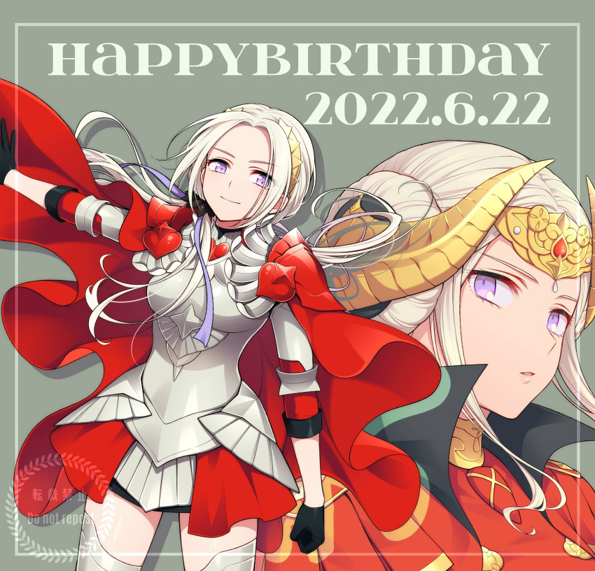 1girl armor blush breastplate cape closed_mouth double_bun dual_persona edelgard_von_hresvelg fire_emblem fire_emblem:_three_houses fire_emblem_warriors:_three_hopes gloves hair_bun hair_ornament hair_ribbon highres hiyori_(rindou66) horns long_hair long_sleeves looking_at_viewer official_alternate_costume red_cape ribbon simple_background skirt smile solo uniform violet_eyes white_hair