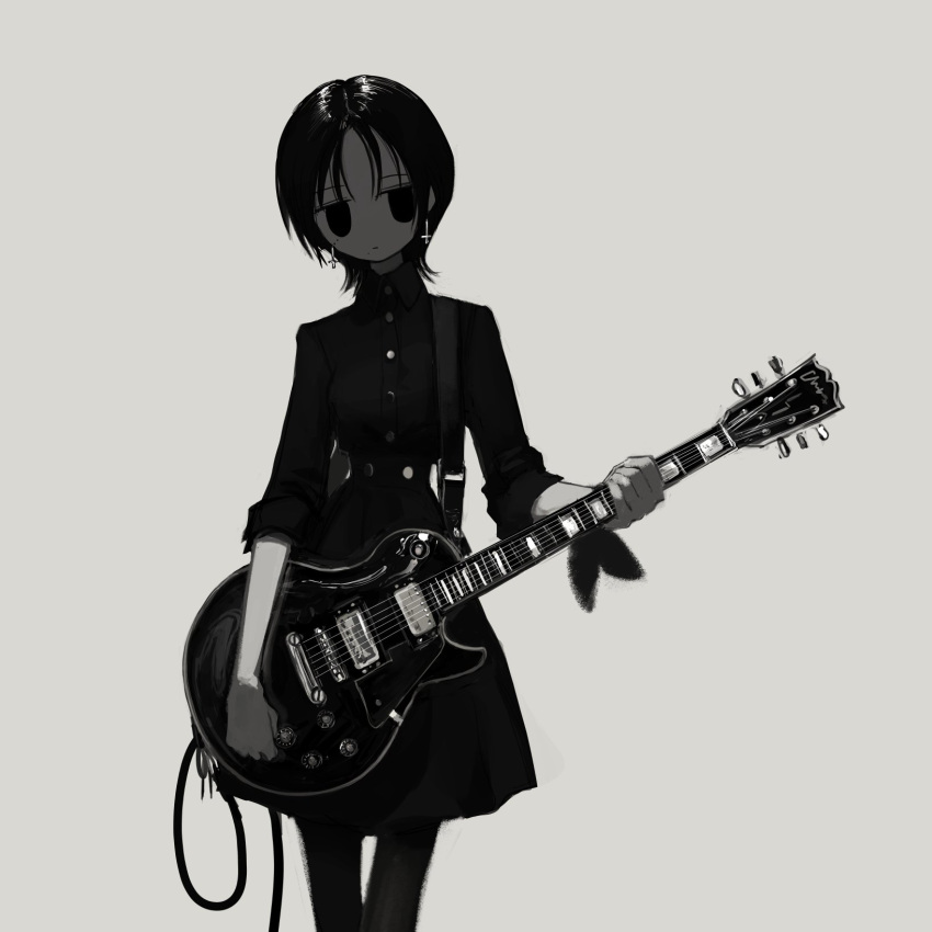 1girl arm_scarf closed_mouth dress earrings electric_guitar gibson_les_paul grey_background greyscale guitar head_tilt highres holding holding_instrument instrument inverted_cross_earrings jewelry jitome long_sleeves medium_hair mole mole_under_eye monochrome narue original pantyhose simple_background solo standing thigh_gap