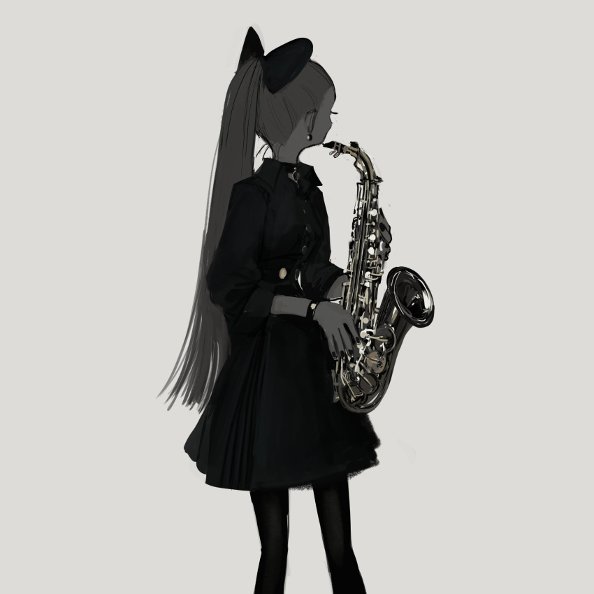 1girl black_nails bow dress earrings facing_away fingernails hair_bow highres holding instrument_request jewelry long_hair long_sleeves nail_polish narue original pantyhose ponytail solo standing very_long_hair wristband