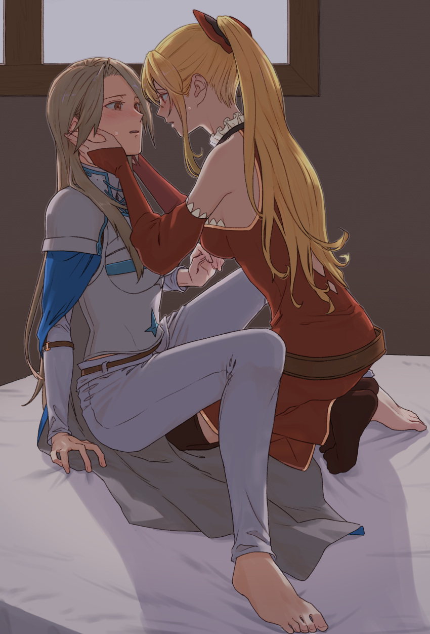 2girls armor barefoot bed_sheet black_bow blonde_hair blue_cape blush bow breasts brown_hair brown_legwear cape commentary_request couple detached_sleeves dress eye_contact granblue_fantasy hair_bow highres indoors katalina_(granblue_fantasy) kneeling long_hair long_sleeves looking_at_another medium_breasts miso-ha_(ukyuu) multiple_girls open_mouth pants ponytail profile red_bow red_dress red_eyes red_sleeves shoulder_armor sideboob sitting sleeveless sleeveless_dress soles straight_hair sweatdrop two-tone_bow very_long_hair vira_(granblue_fantasy) white_pants yuri