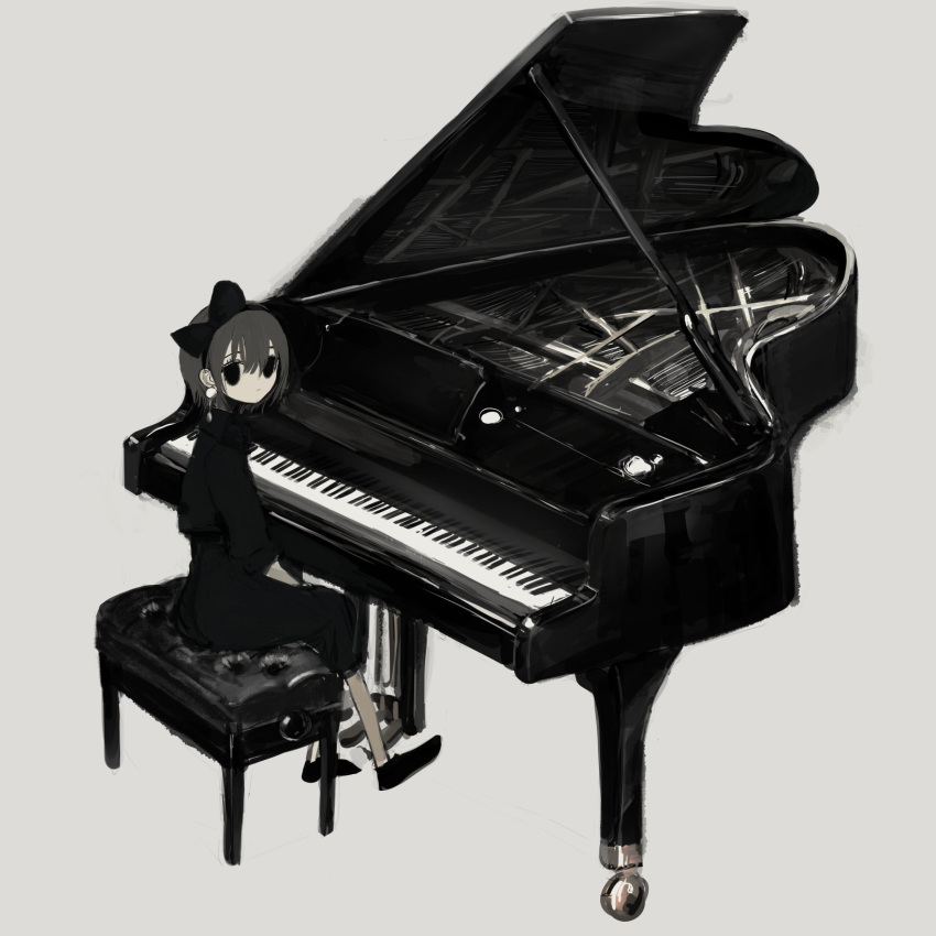 1girl black_pants black_shirt closed_mouth earrings from_behind grey_background hairband highres instrument jewelry looking_at_viewer looking_back medium_hair narue original pants piano shirt simple_background solo stool
