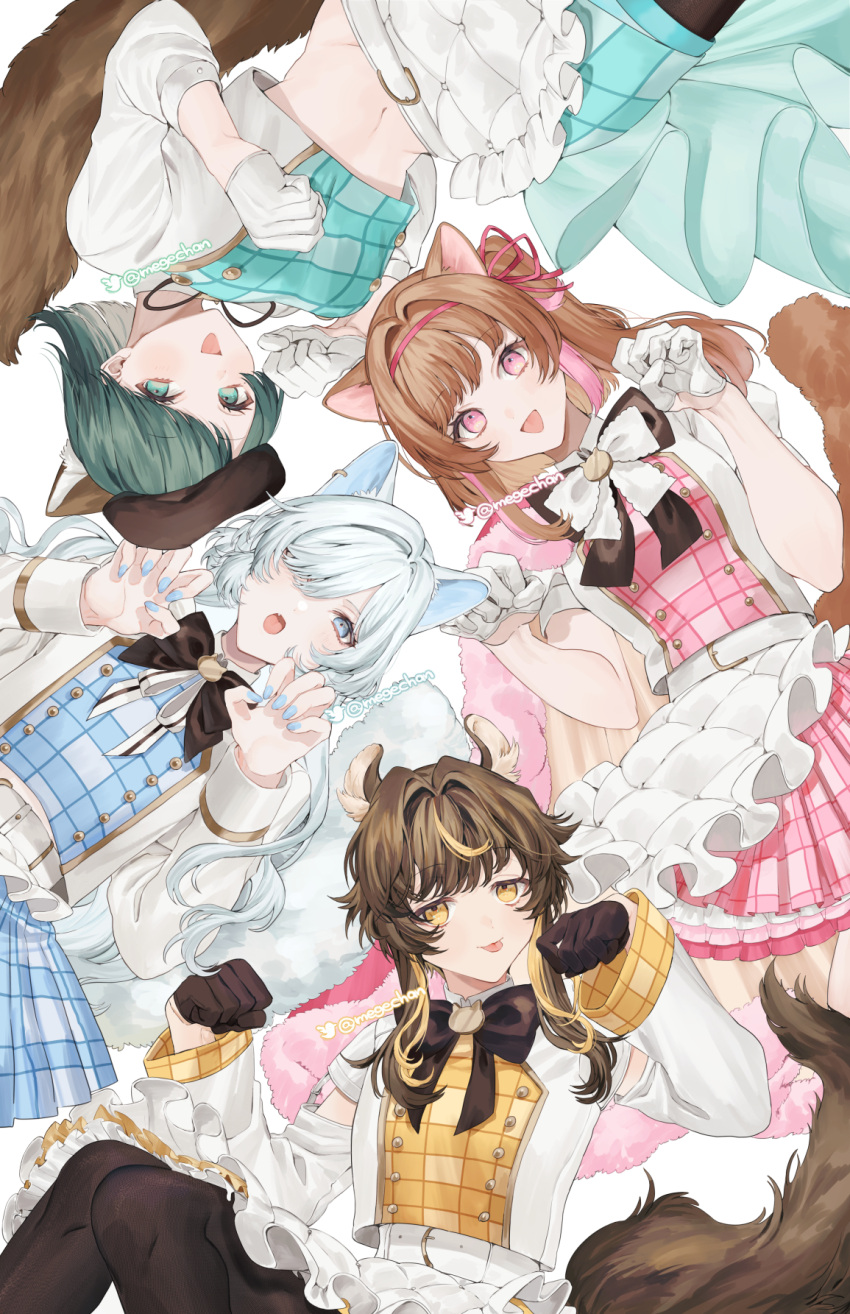4girls animal_ears aqua_hair belt_buckle beret black_bow black_bowtie black_legwear blonde_hair blue_dress blue_eyes blue_nails bow bowtie brown_gloves brown_hair brown_headwear buckle claw_pose closed_mouth commentary_request dog_ears dog_girl dog_tail dress gloves hair_intakes hair_over_one_eye hair_ribbon hat highres long_hair long_sleeves looking_at_viewer lying megechan midriff multicolored_hair multiple_girls nail_polish on_back one_eye_covered open_mouth original pantyhose pink_dress pink_eyes pink_hair pink_ribbon pink_skirt plaid plaid_dress plaid_skirt pleated_skirt ribbon short_sleeves simple_background skirt smile streaked_hair tail tongue tongue_out white_background white_dress white_gloves white_hair yellow_dress yellow_eyes