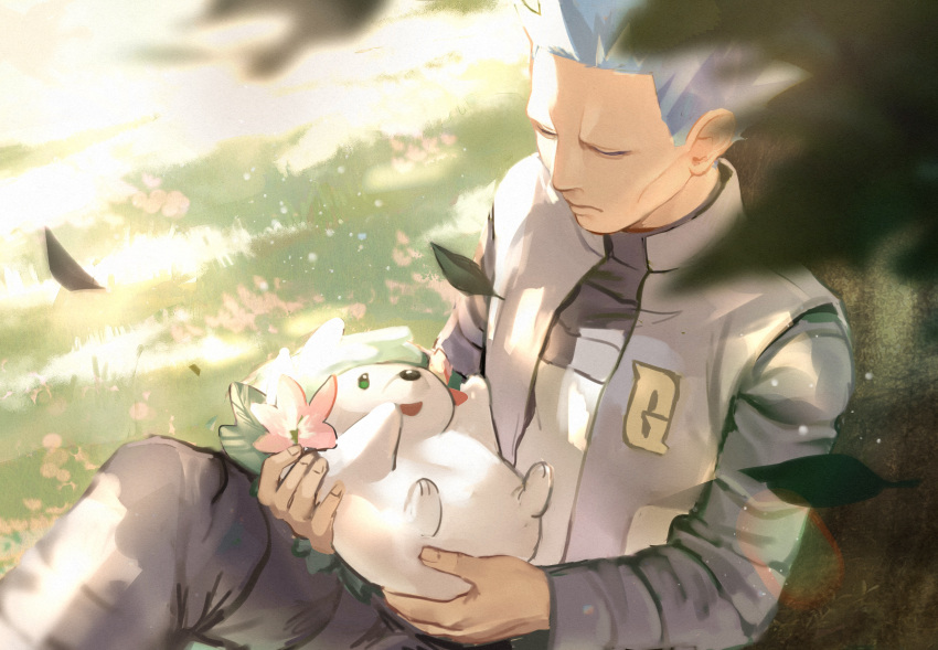 1boy =_(9_yawbus) absurdres against_tree blue_hair blurry closed_eyes closed_mouth commentary cyrus_(pokemon) day flower grass grey_vest highres holding holding_pokemon logo long_sleeves male_focus outdoors pants pink_flower pokemon pokemon_(creature) pokemon_(game) pokemon_dppt shaymin shaymin_(land) short_hair sitting team_galactic team_galactic_uniform tree vest