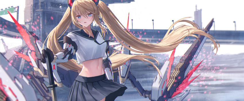 04_(artery_gear) 1girl absurdres artery_gear artery_gear:_fusion blonde_hair blue_eyes crane_(machine) hair_ornament hairclip highres lamppost light_particles looking_at_viewer mecha_musume mechanical_arms mechanical_wings midriff ocean pale_skin road road_sign sailor_collar sailor_shirt shirt sign skirt sword twintails weapon white_sky wings yotokei