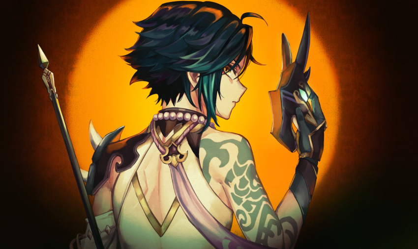 1boy arm_tattoo back bead_necklace beads black_hair closed_mouth from_behind genshin_impact gloves green_hair highres holding holding_mask jewelry looking_at_viewer male_focus mask multicolored_hair necklace orange_eyes polearm single_sleeve solo tattoo togatamaki upper_body weapon xiao_(genshin_impact)