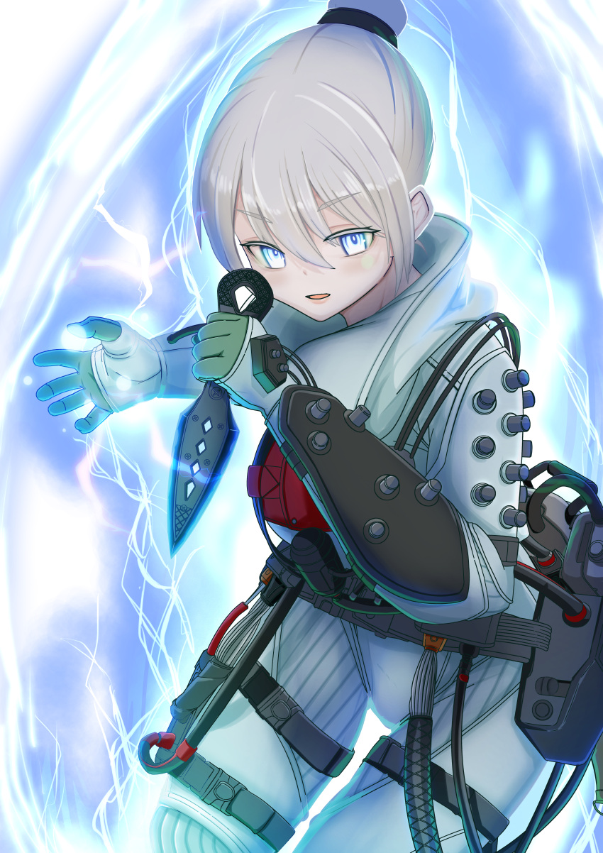 1girl absurdres amane_kudou apex_legends blue_eyes blush cable cosplay electricity grey_hair hair_behind_ear hair_bun highres holding holding_knife indie_virtual_youtuber inu_no_iboji knife open_hand open_mouth portal_(object) quarantine_722_wraith solo v-shaped_eyebrows virtual_youtuber wraith's_kunai wraith_(apex_legends) wraith_(apex_legends)_(cosplay)