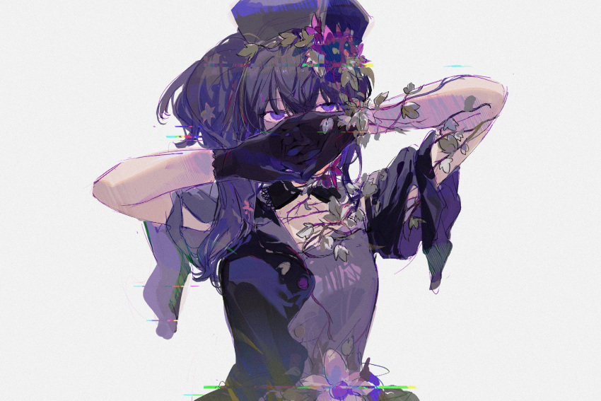 1girl arm_cutout arm_vines asahina_mafuyu black_dress black_gloves commentary covering_mouth detached_collar dress glitch gloves hat high_ponytail highres ivy nashinashi nurse nurse_cap own_hands_together plant project_sekai purple_hair short_sleeves side_ponytail solo vines violet_eyes wide_sleeves