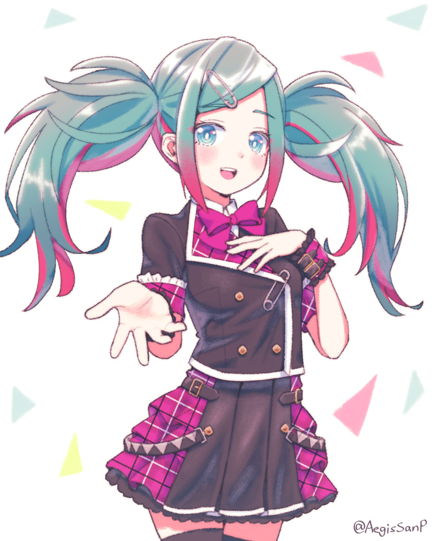 1girl :d aegissanp artist_name bangs belt blue_eyes blue_hair bow bowtie buttons double-breasted hair_ornament hairclip hand_on_own_chest hatsune_miku highres jacket layered_skirt leo/need_(project_sekai) long_hair looking_at_viewer multicolored_hair open_mouth parted_bangs pink_hair plaid pleated_skirt project_sekai reaching_out safety_pin skirt smile solo thigh-highs triangle twintails two-tone_hair wrist_cuffs