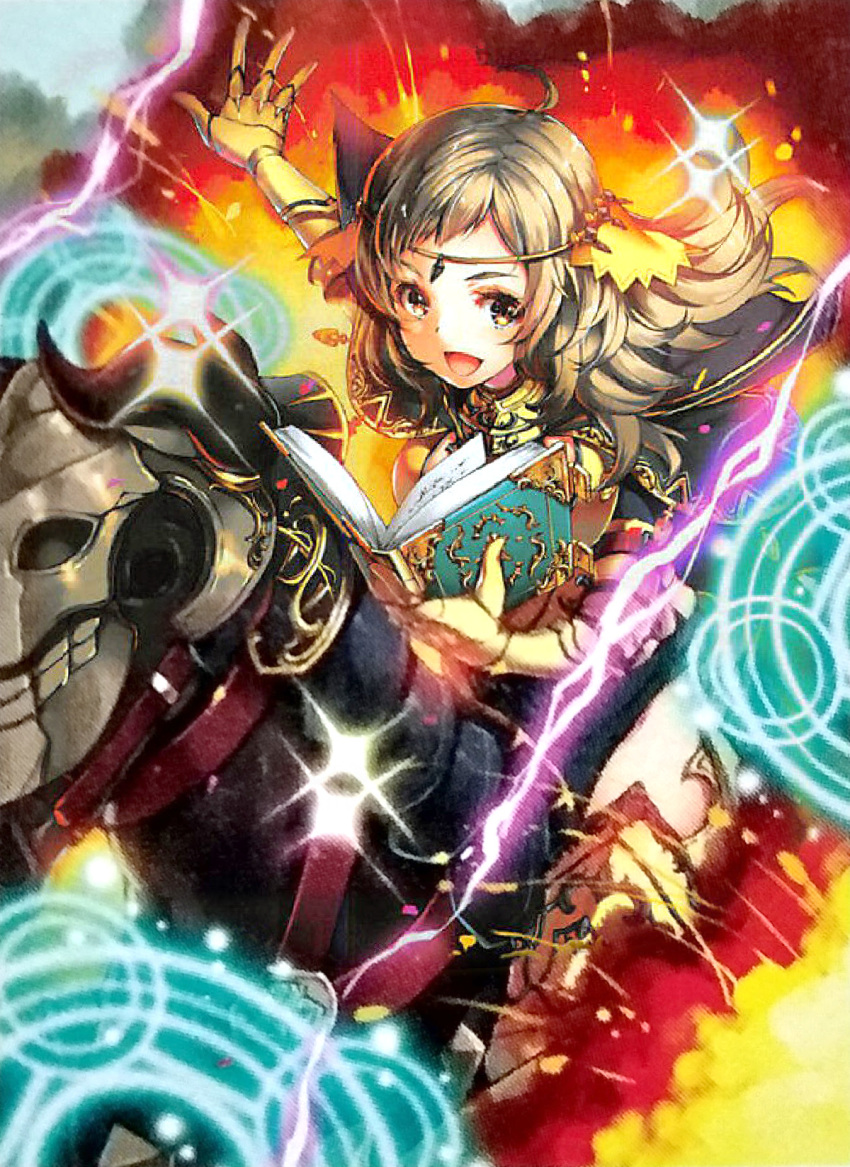 ahoge armor asymmetrical_bangs bangs barding blonde_hair book boots circlet explosion fire_emblem fire_emblem_cipher fire_emblem_fates highres holding holding_book holding_weapon horseback_riding looking_at_viewer magic miwabe_sakura official_art open_mouth ophelia_(fire_emblem) outstretched_arm riding thigh_boots thighs third-party_source weapon yellow_eyes