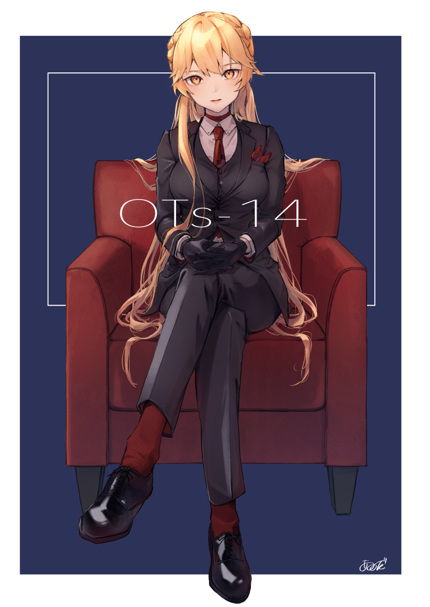 1girl absurdres armchair black_footwear black_gloves black_jacket black_pants black_suit blonde_hair braid breasts chair collared_shirt crown_braid formal girls_frontline gloves highres jacket large_breasts long_hair long_sleeves looking_at_viewer necktie ots-14_(girls'_frontline) pants red_legwear red_necktie sakana-ko shirt shoes sitting solo suit white_shirt yellow_eyes