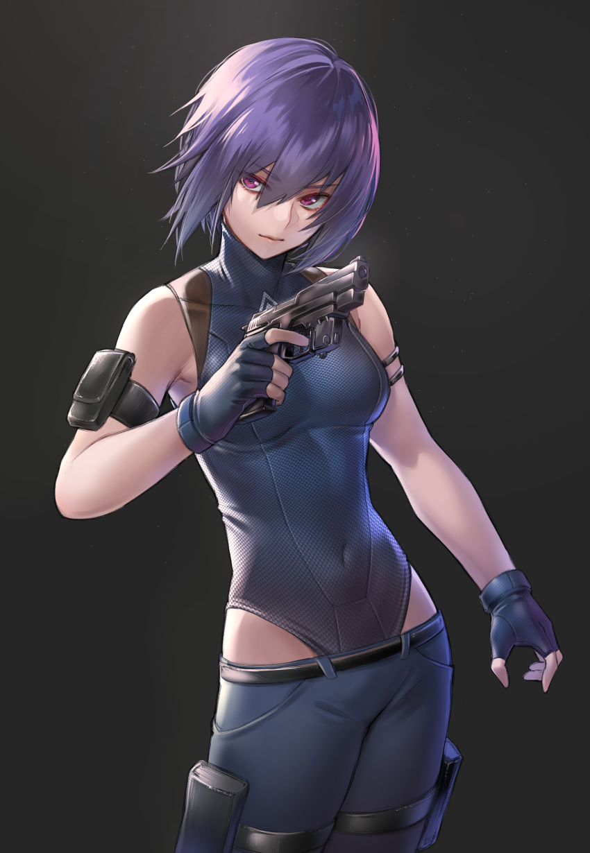1girl absurdres arm_pouch armband bare_shoulders belt black_armband closed_mouth collarbone covered_collarbone covered_navel deluxe&lt;&lt;&lt; fingerless_gloves ghost_in_the_shell ghost_in_the_shell:_sac_2045 gloves grey_gloves gun highres holding holding_gun holding_weapon kusanagi_motoko pouch purple_hair see-through short_hair solo thigh_pouch thigh_strap turtleneck violet_eyes weapon