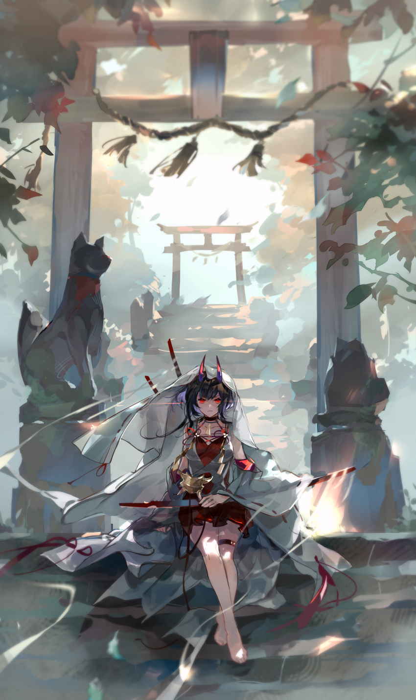 1girl absurdres aether_gazer bangs belt_collar black_hair branch breasts bridal_veil chinese_commentary collar commentary_request detached_sleeves feet full_body haixianbai hand_on_lap highres holding holding_sword holding_weapon horned_mask horns japanese_clothes kimono large_breasts long_hair looking_at_viewer mask red_eyes ribbon short_hair shrine sitting sitting_on_stairs solo stairs statue sword thigh_strap thighs torii tree tsukuyomi_(aether_gazer) uchikake veil weapon weapon_on_back
