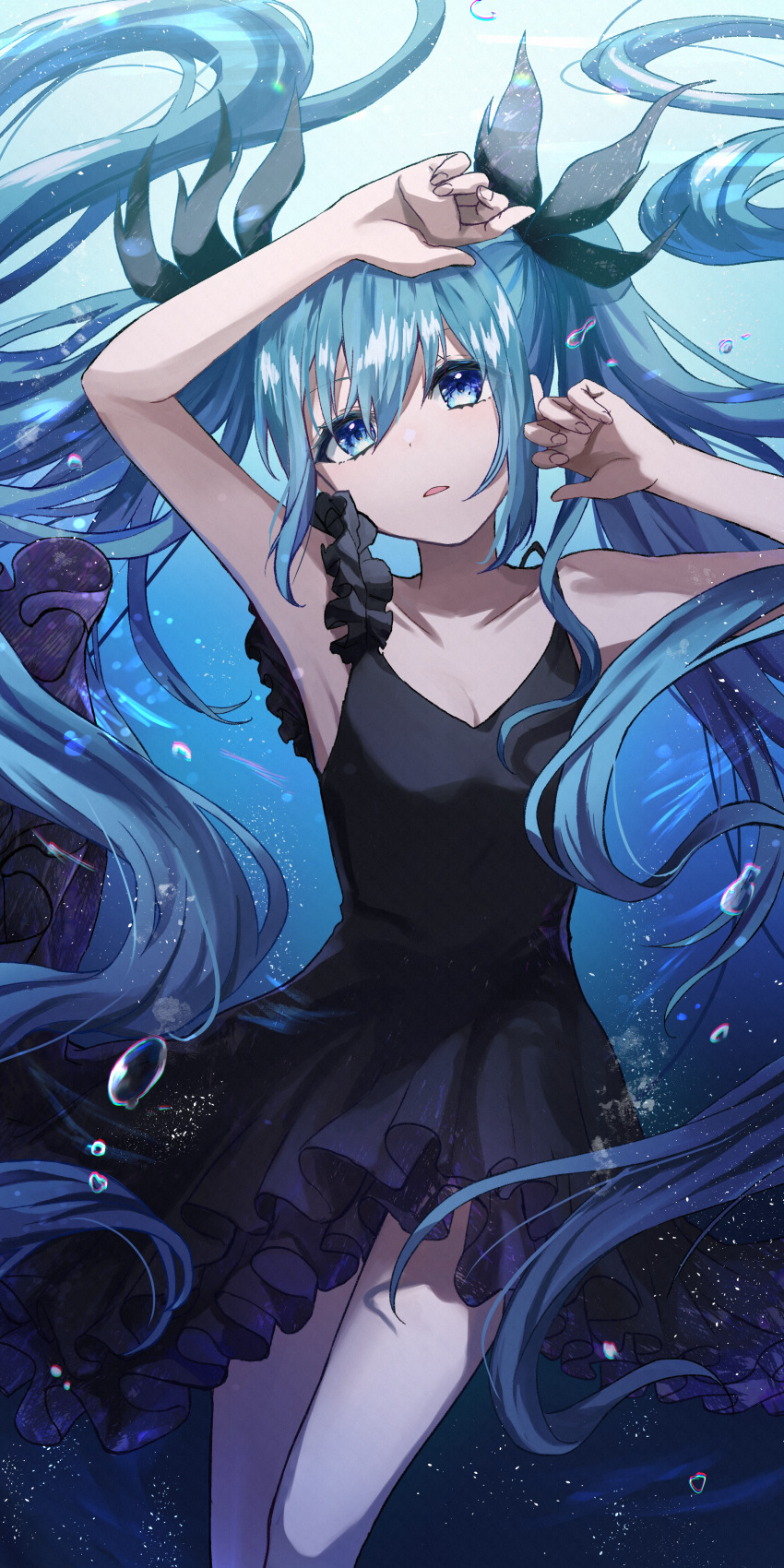 1girl absurdres armpits ayatsuki_hina bangs bare_arms black_bow black_dress blue_eyes blue_hair bow breasts collarbone commentary dress floating_hair hair_between_eyes hair_bow hatsune_miku highres long_hair open_mouth shinkai_shoujo_(vocaloid) shiny shiny_hair short_dress sleeveless sleeveless_dress small_breasts solo twintails underwater very_long_hair vocaloid