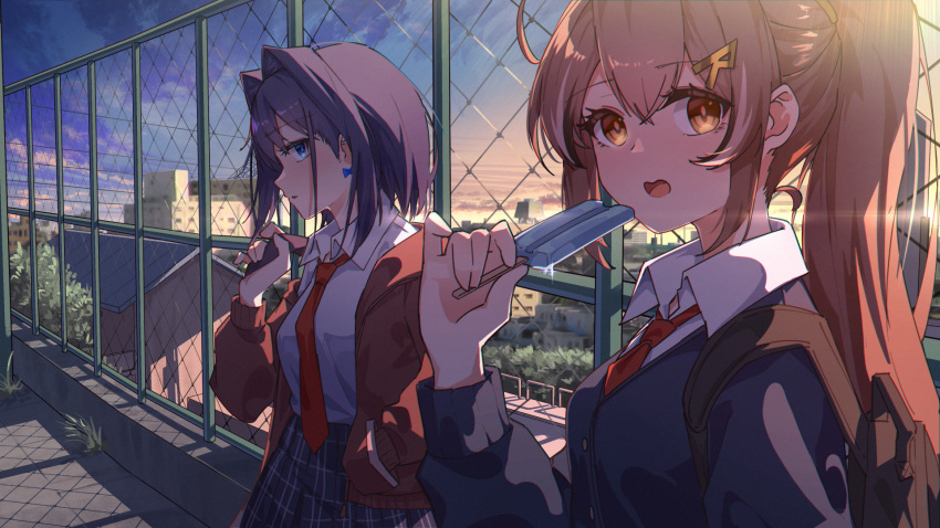 2girls backpack bag bangs black_hair blue_eyes brown_eyes brown_hair chain-link_fence collared_shirt fence food hair_between_eyes highres holding holding_food hololive hololive_english jl_tan long_hair multiple_girls nanashi_mumei necktie open_mouth ouro_kronii ponytail popsicle red_necktie school_uniform shirt virtual_youtuber white_shirt