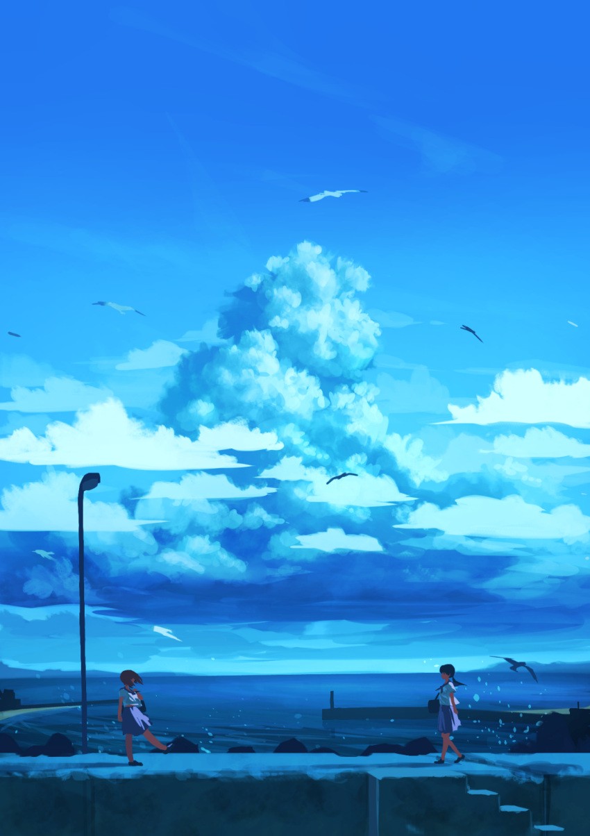 2girls bag bird blue_skirt blue_sky clouds commentary_request day dock from_side highres holding holding_bag long_hair multiple_girls natsuno_kanasemi ocean original outdoors ponytail sailor_collar scenery school_uniform serafuku short_hair short_sleeves skirt sky stairs summer walking water