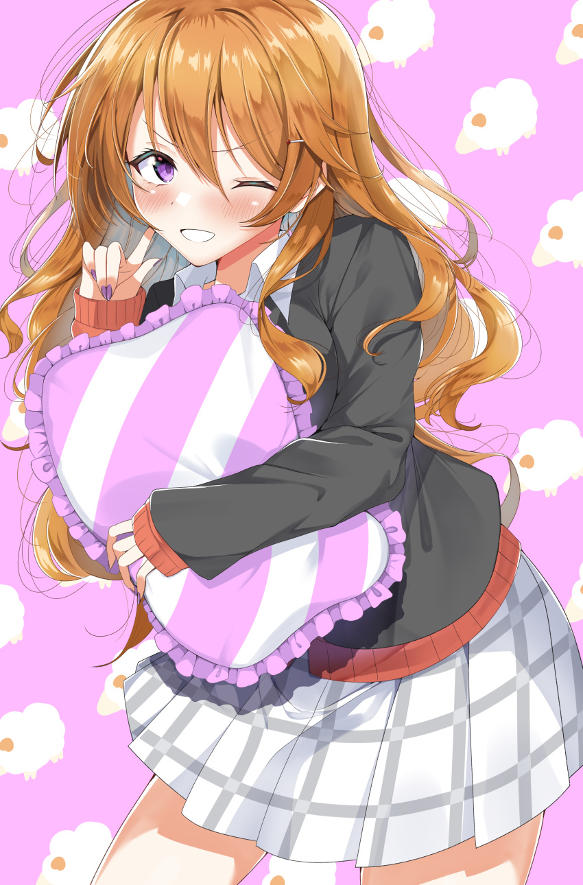 absurdres blazer breasts brown_hair cardigan highres jacket konoe_kanata large_breasts long_hair love_live! love_live!_nijigasaki_high_school_idol_club nail_polish nijigasaki_academy_school_uniform one_eye_closed orange_hair ozawa_sayori pillow red_cardigan school_uniform sleeves_past_wrists violet_eyes wavy_hair yellow_jacket