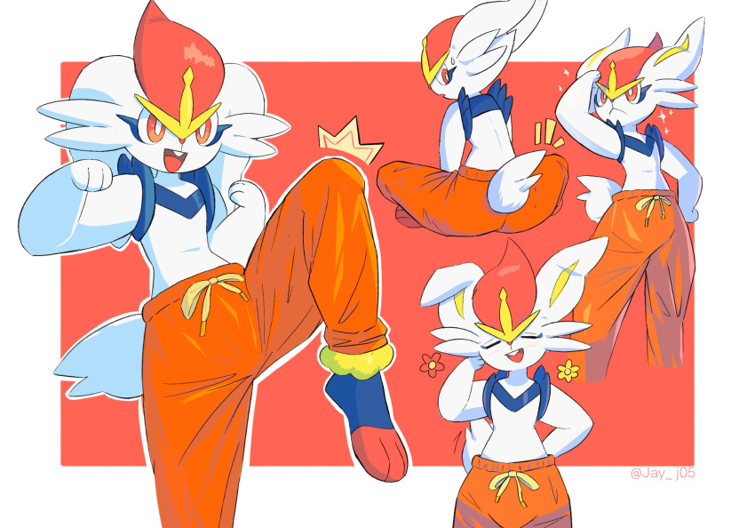 1girl :< ^^^ animal_ears animal_feet animal_hands animal_nose arm_behind_back arm_up artist_name back barefoot blue_fur blush body_fur border bright_pupils buck_teeth cinderace closed_eyes clothed_pokemon clothing_cutout commentary cowboy_shot cropped_legs drawstring english_commentary facing_viewer fighting_stance flat_chest from_behind full_body furry furry_female hand_on_own_hip hand_up happy happy_aura highres indian_style j.jama leg_up light_blush looking_afar looking_back multiple_views notice_lines open_mouth orange_pants outside_border pants pokemon pokemon_(creature) rabbit_ears rabbit_girl rabbit_tail red_background red_eyes red_fur red_hair shading_eyes short_hair short_tail simple_background sitting smile standing standing_on_one_leg sweat tail tail_through_clothes teeth topless_female track_pants twitter_username watermark white_border white_fur white_pupils yellow_fur