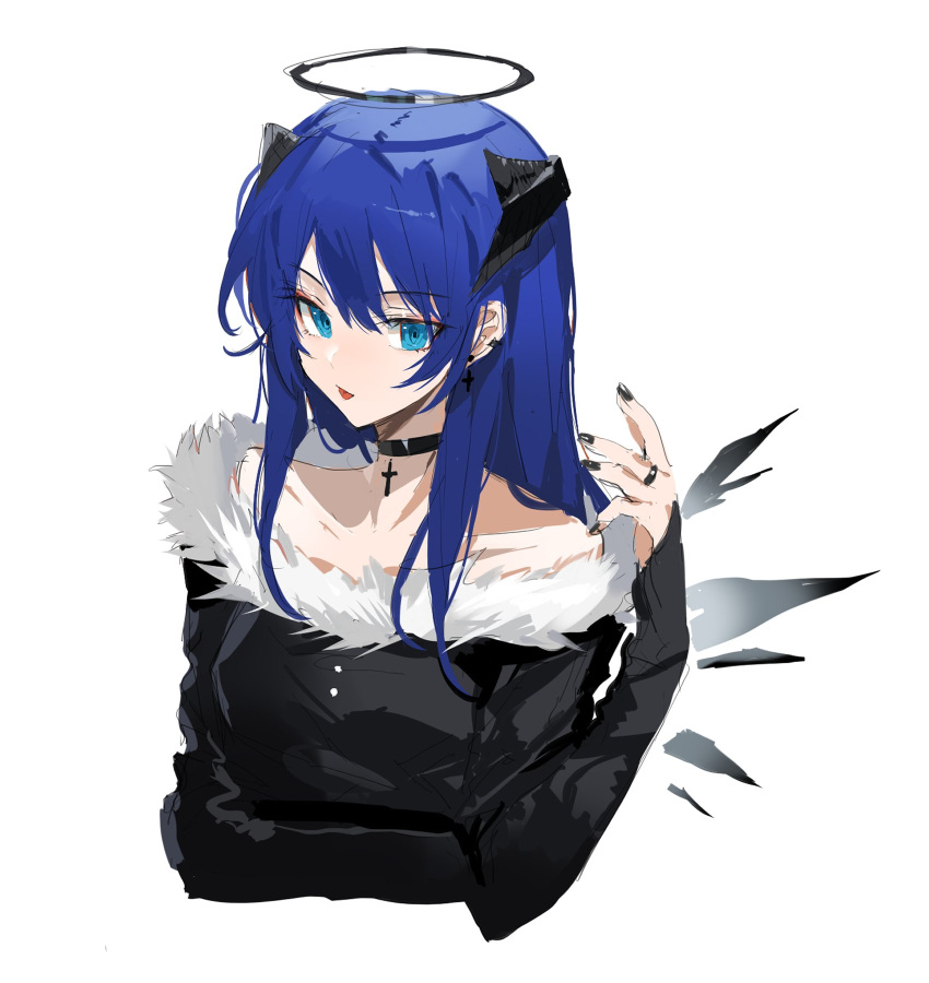 1girl alternate_costume arknights black_choker black_dress black_nails blue_eyes choker commentary_request cross cross_earrings detached_wings dress earrings energy_wings fallen_angel fur-trimmed_dress fur_trim halo highres jewelry long_hair long_sleeves meng_ziya mostima_(arknights) off-shoulder_dress off_shoulder ring solo tongue tongue_out white_background wings