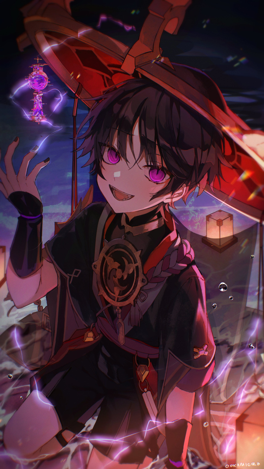 1boy absurdres arm_guards bangs black_hair black_shorts electricity fangs genshin_impact hand_up highres japanese_clothes jingasa knees lantern looking_at_viewer male_focus nail_polish night obon ookami_ciro open_mouth pale_skin scaramouche_(genshin_impact) short_sleeves shorts slit_pupils smile solo veil violet_eyes water water_drop