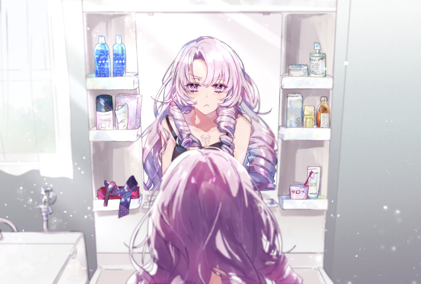 1girl :&lt; bangs bare_shoulders bottle chest_tattoo closed_mouth curling_iron drill_hair from_behind hair_rollers haruna_(hrnrnh) highres hyakumantenbara_salome indoors light_particles long_hair looking_at_mirror mirror nijisanji purple_hair reflection solo strap_slip tattoo upper_body violet_eyes virtual_youtuber