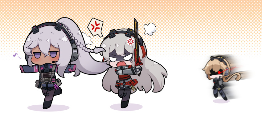 3girls anger_vein angry bangs blonde_hair blush body_armor braid bulletproof_vest charolic_(girls'_frontline_2) chibi commission commissioner_upload dark-skinned_female dark_skin fleeing full_body girls'_frontline_2:_exilium grey_hair hair_between_eyes headphones highres holding holding_sword holding_weapon kurotofu load_bearing_equipment load_bearing_vest long_hair multiple_girls nemesis_(girls'_frontline_2) open_mouth ots-14_(girls'_frontline) ponytail pouch running shadow sword tactical_clothes violet_eyes weapon