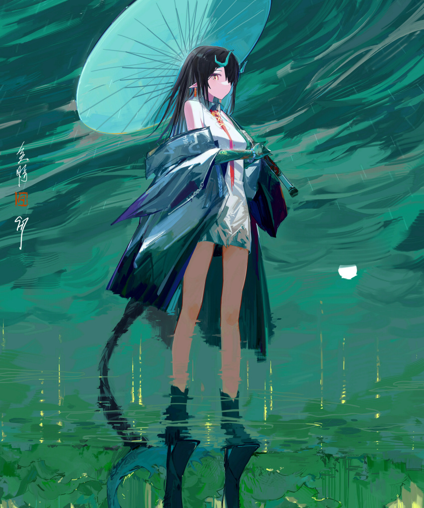 1girl absurdres aqua_jacket arknights china_dress chinese_clothes colored_skin dragon_girl dragon_horns dragon_tail dress dusk_(arknights) earrings green_hair highres holding holding_umbrella horns jacket jewelry lofter_username long_hair meiyoumingzi multicolored_hair necktie off-shoulder_jacket off_shoulder orange_eyes pointy_ears rain red_necktie reflection reflective_water sleeveless sleeveless_dress solo tail tassel tassel_earrings umbrella white_dress