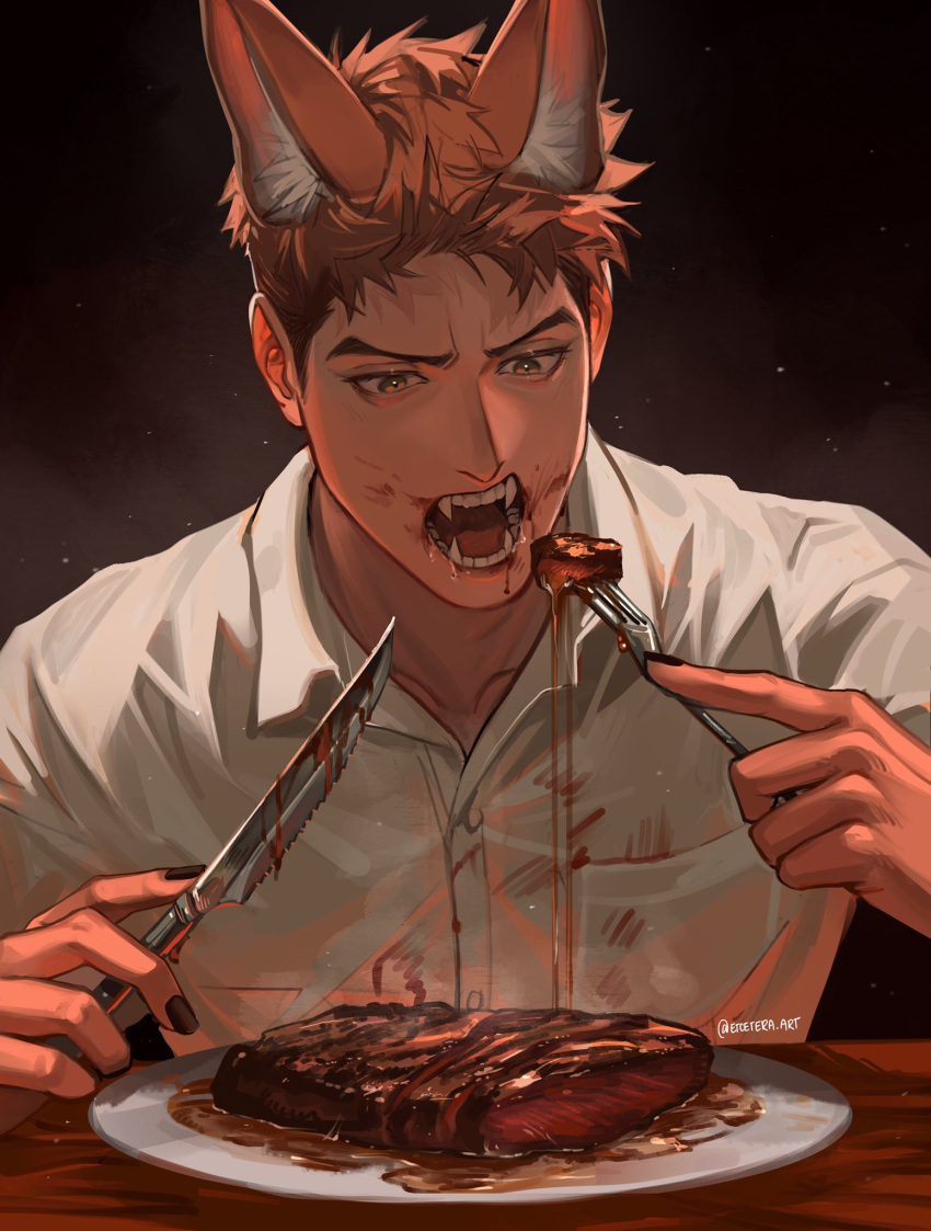 1boy animal_ear_fluff animal_ears artist_name backlighting bangs black_background black_nails breast_pocket brown_hair collarbone collared_shirt commentary dirty dirty_clothes dirty_face drooling eating english_commentary etceteraart fangs food food_on_face fork half-closed_eyes hand_up highres holding holding_fork holding_knife knife looking_down male_focus meat nail_polish open_mouth original plate pocket saliva shirt short_hair signature simple_background solo steak steam teeth twitter_username upper_body v-shaped_eyebrows white_shirt wolf_boy wolf_ears yellow_eyes