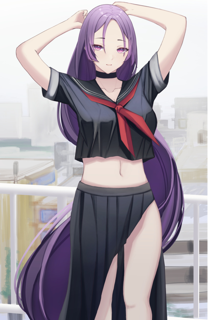 1girl absurdres bangs black_sailor_collar black_serafuku black_shirt building cityscape collarbone crop_top crop_top_overhang fate/grand_order fate_(series) highres long_hair long_skirt low-tied_long_hair midriff minamoto_no_raikou_(fate) minamoto_no_raikou_(swimsuit_lancer)_(fate) minamoto_no_raikou_(swimsuit_lancer)_(second_ascension)_(fate) navel neckerchief outdoors parted_bangs pleated_skirt purple_hair red_neckerchief ref_(pmxt4483) rooftop sailor_collar school_uniform serafuku shirt skirt solo standing very_long_hair violet_eyes