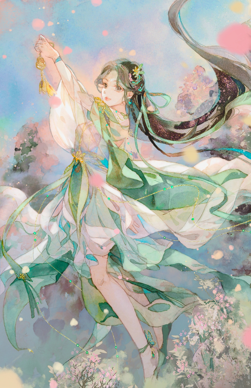 1girl absurdres anklet arms_up baiguio_(zhu_xian) bi_yao_zhuye blue_sky brown_hair flower full_body green_dresss high_heels highres holding jewelry long_hair looking_back sky solo tassel zhu_xian