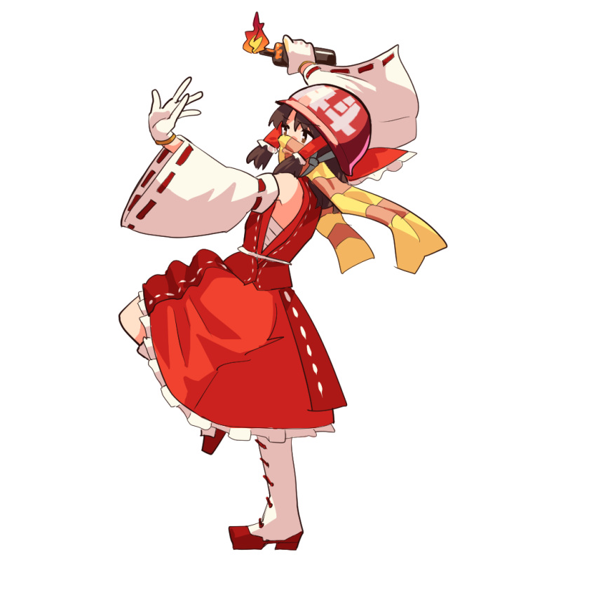 1girl bangs benikurage_(cookie) boots bow brown_eyes brown_hair commentary_request cookie_(touhou) detached_sleeves dress frilled_bow frilled_hair_tubes frills full_body gakusei_undou gloves hair_bow hair_tubes hakurei_reimu hardhat helmet leftame medium_hair molotov_cocktail orange_scarf red_bow red_dress red_headwear red_skirt ribbon-trimmed_sleeves ribbon_trim sarashi scarf skirt solo striped striped_scarf tabard touhou transparent_background white_footwear white_gloves yellow_scarf