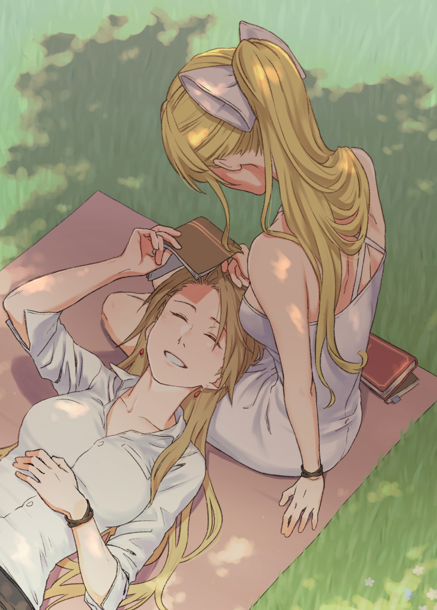 2girls blonde_hair book bow bracelet brown_hair closed_eyes collarbone collared_shirt commentary_request couple day dress dress_shirt earrings from_above granblue_fantasy grass grin hair_bow highres holding jewelry katalina_(granblue_fantasy) lap_pillow long_hair miso-ha_(ukyuu) multiple_girls outdoors ponytail shirt short_dress shoulder_blades sleeveless sleeveless_dress smile straight_hair sundress very_long_hair vira_(granblue_fantasy) white_bow white_dress white_shirt wing_collar yuri