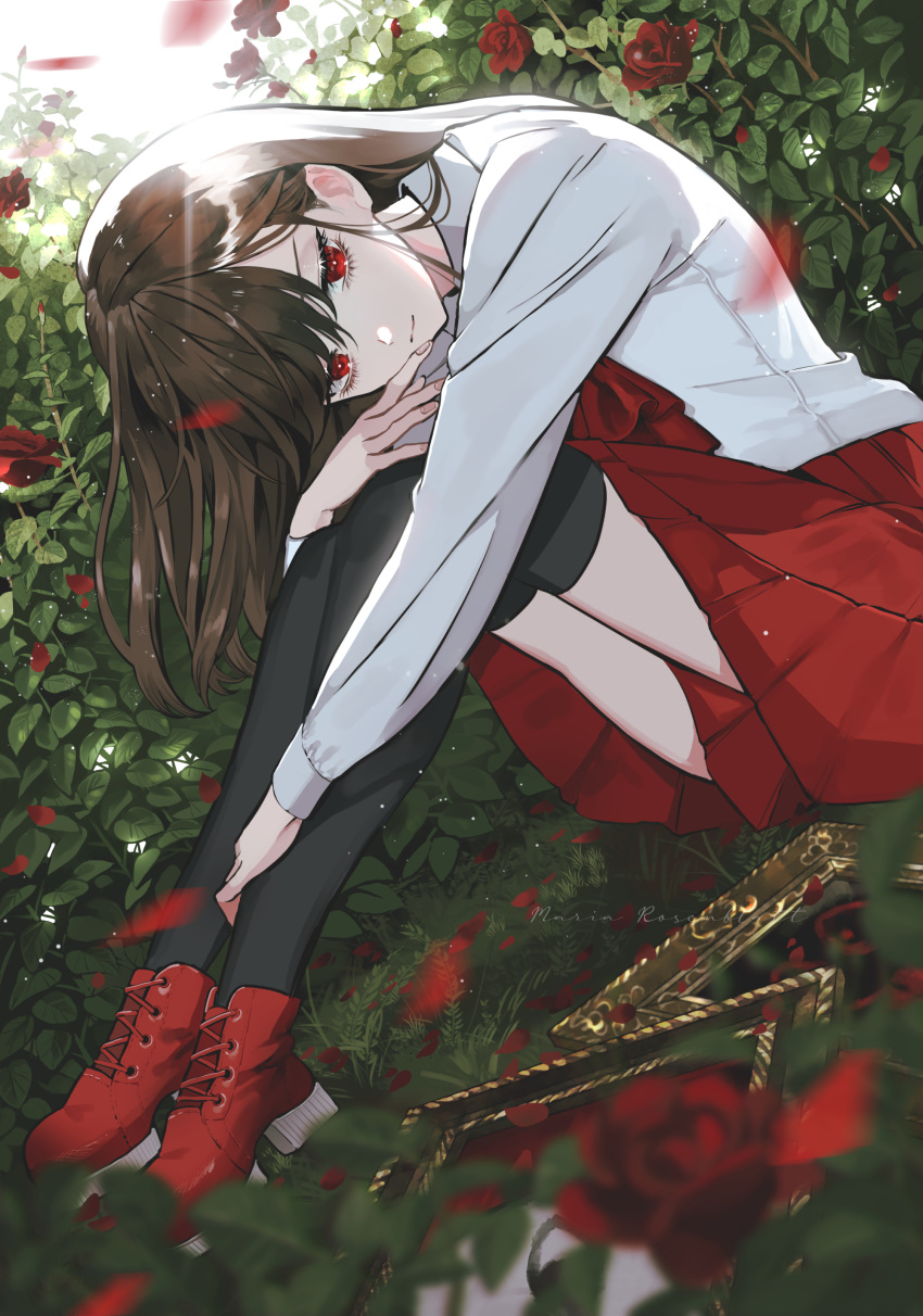 1girl absurdres bangs boots brown_hair collared_shirt falling_petals flower half-closed_eyes hand_up high_heel_boots high_heels highres hugging_own_legs ib ib_(ib) knees_up leaning_forward long_hair long_sleeves looking_to_the_side neck_ribbon on_ground outdoors outstretched_arm petals picture_frame pleated_skirt red_eyes ribbon rose rose_bush shirt sitting skirt solo thigh-highs yumeno_yume