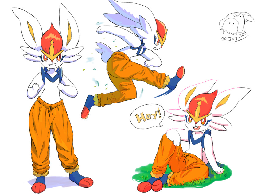 1girl animal_ears animal_feet animal_hands arm_on_knee arm_support arm_up artist_name barefoot blue_fur body_fur bright_pupils buck_teeth cinderace clenched_hands clothed_pokemon commentary drawstring english_commentary english_text flat_chest from_side full_body furry furry_female grass grin hands_up happy j.jama jumping kicking knee_up looking_at_viewer multicolored_fur multiple_views on_ground open_mouth orange_pants pants pokemon pokemon_(creature) profile rabbit_ears rabbit_girl rabbit_tail red_eyes red_fur red_hair short_hair short_tail signature simple_background sitting smear_frame smile speech_bubble tail talking teeth topless_female track_pants twitter_username white_background white_fur white_pupils yellow_fur
