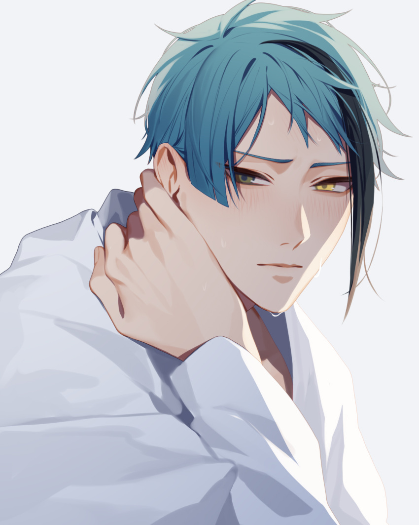 1boy bangs black_hair blue_hair blush crying dodoss_dont green_eyes hand_on_own_neck hand_up heterochromia highres jade_leech long_sleeves looking_at_viewer male_focus multicolored_hair shirt short_hair sidelocks simple_background solo streaked_hair twisted_wonderland upper_body white_background white_shirt yellow_eyes